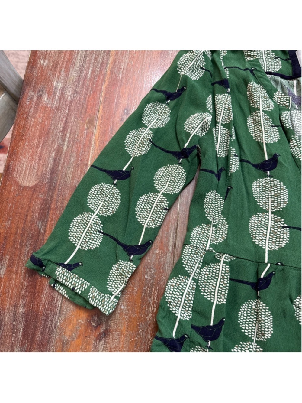 Maeve Anthropologie Green Pheasant Bird Print Dress Pockets Navy Gold S HTF - Picture 3 of 15